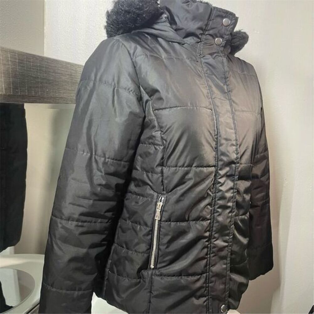 Ambiance Women's Black Puffer Jacket Faux Fur Hood Size S Winter Casual